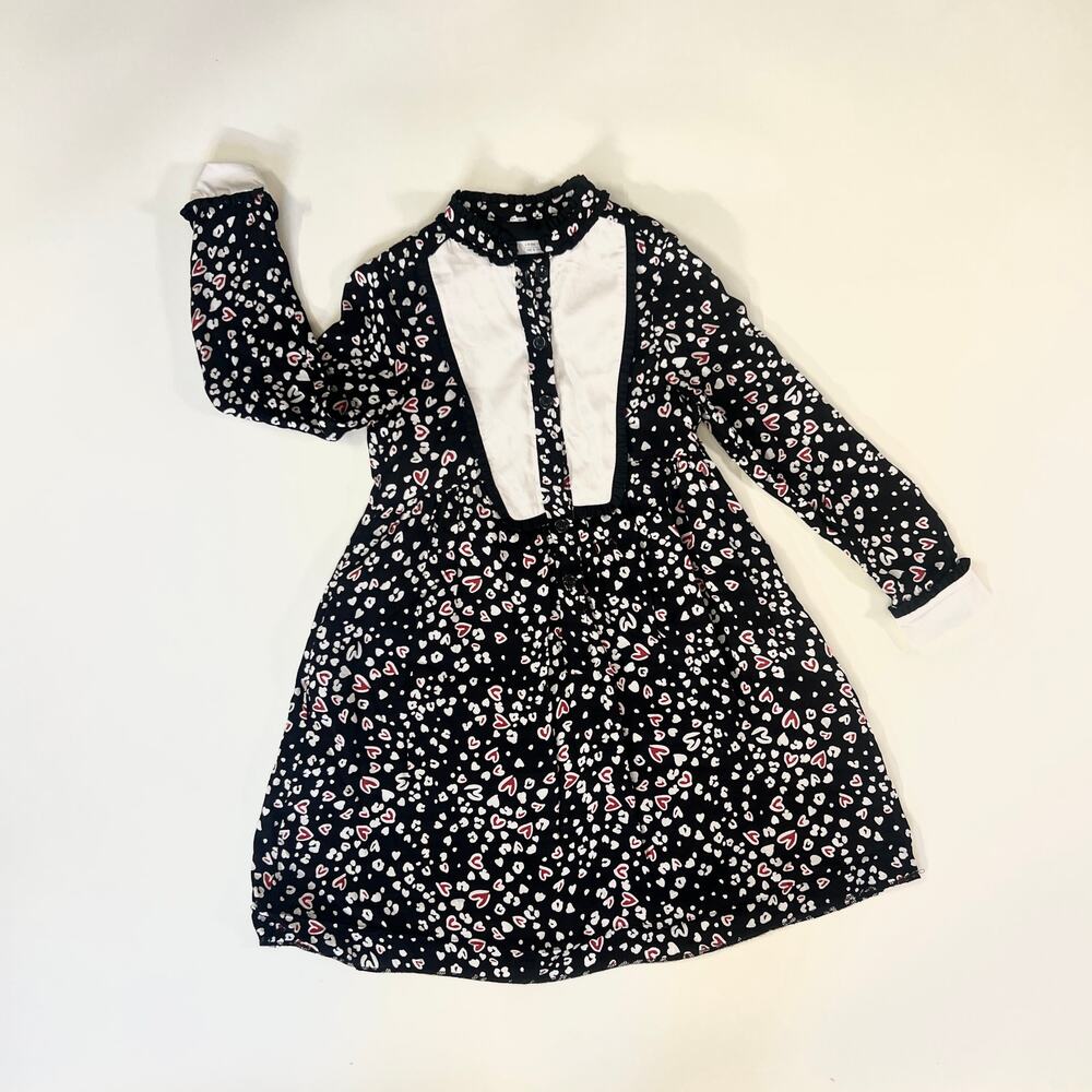 Zara Girls Dress Black White Red Heart Print Long Sleeve Size 10
